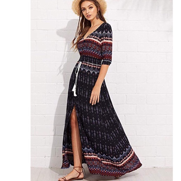 V neck boho print maxi dress - Picture 2 of 5
